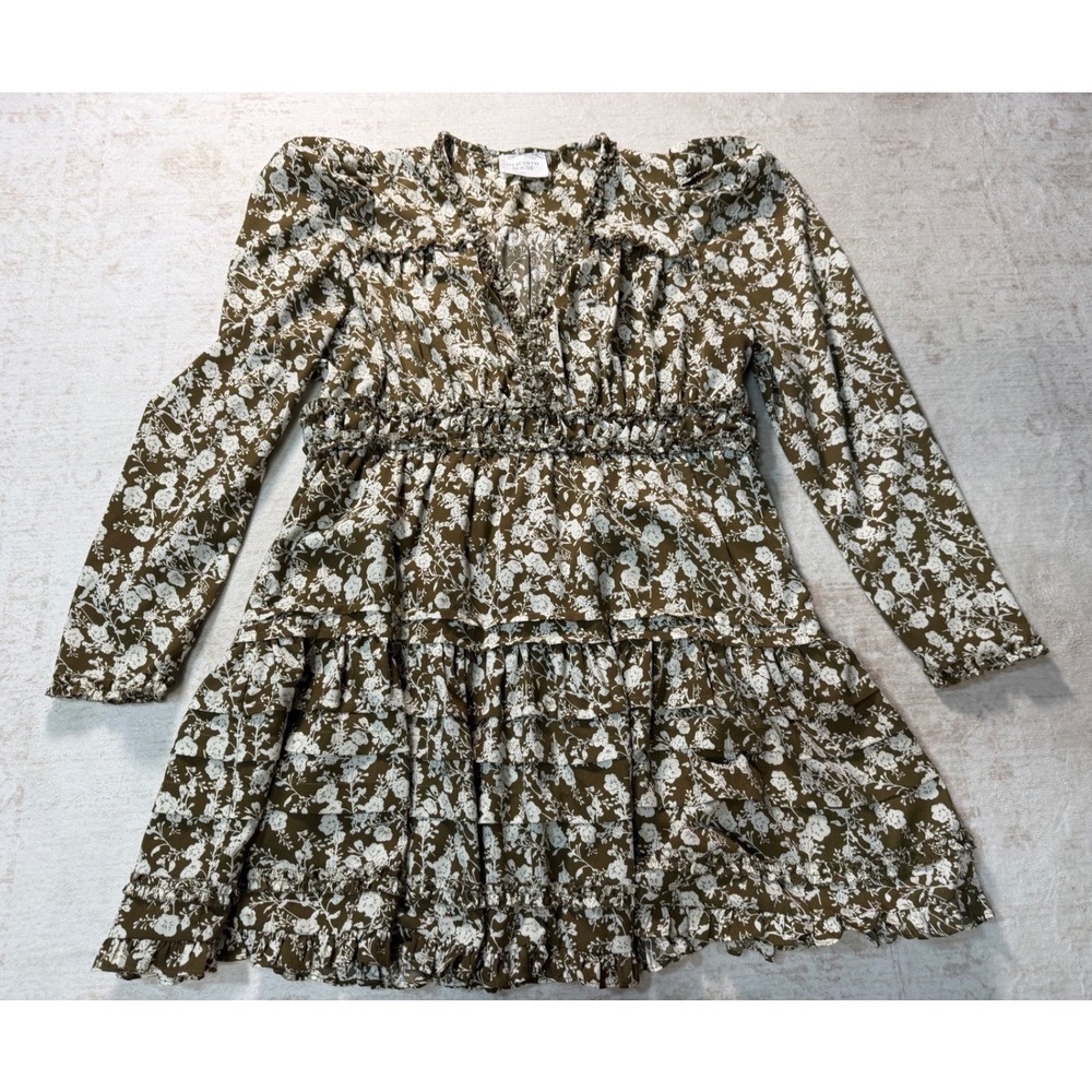Hyacinth House Olive Floral Smocked Tiered Ruffle Mini Dress XXL AY091D